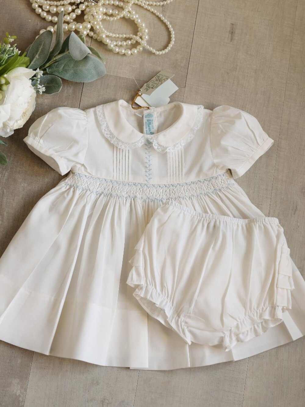Vintage Smocked Dress Ivory Heirloom Bonus Ruffled Diaper Cover Feltman Brothers